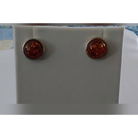 Sterling Silver Round Cut Genuine Amber Gemstone Stud Earrings - Picture 1 of 2